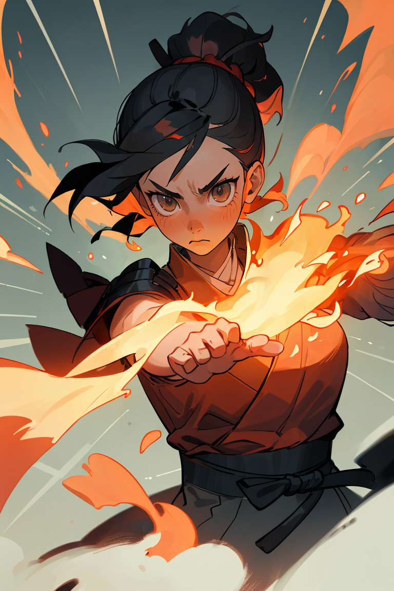 01783-1329960291-(best quality, masterpiece), 1girl, samurai, particle, wind, pose, upper body, imminent attack, flame.png